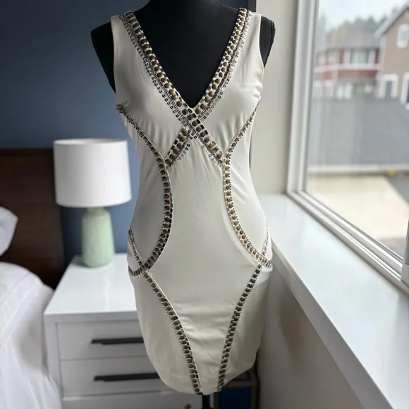 Bebe Cream Bodycon Sleeveless Mini Dress with Gold Studs & Sequins - Sexy Party - Picture 1 of 16